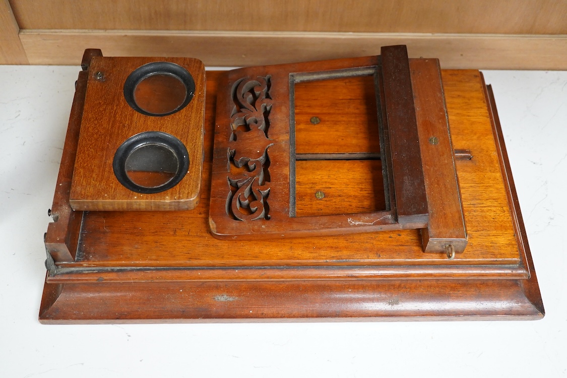 A mid to late 19th century mahogany Rowsell type tabletop folding combined Graphoscope and Stereoscope viewer, unsigned and without any retailer’s label